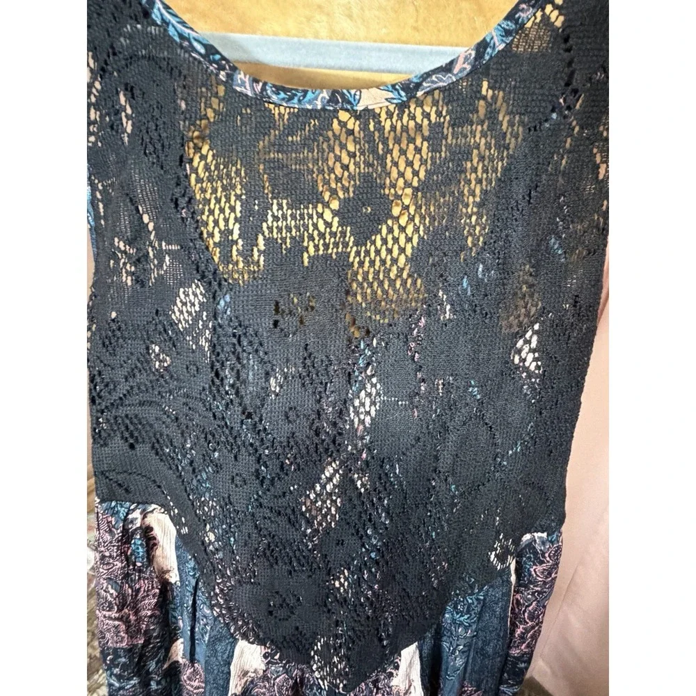 NWT Free People S Black Boho Trapeze Tunic Top Floral Sleeveless Lace MSRP $88